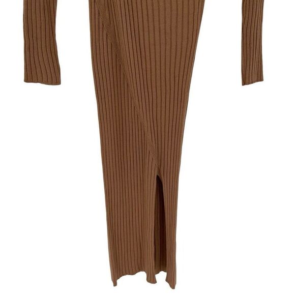 ASOS Design Knit Rib Midi Dress Faux Wrap Long Sleeve Stretchy Women US 4 Tan - Picture 4 of 9